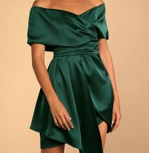 Lulu's Emerald Satin One-Shoulder Cocktail Dress